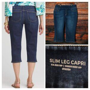 Chicos Jeans Size 1.5P 10 Petite Slim Leg Capri Dark Blue Denim Stretch